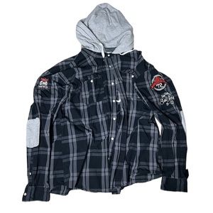 Ecko Unlimited Varsity Hooded Plaid Flannel Button Down Shirt Mens 3XL